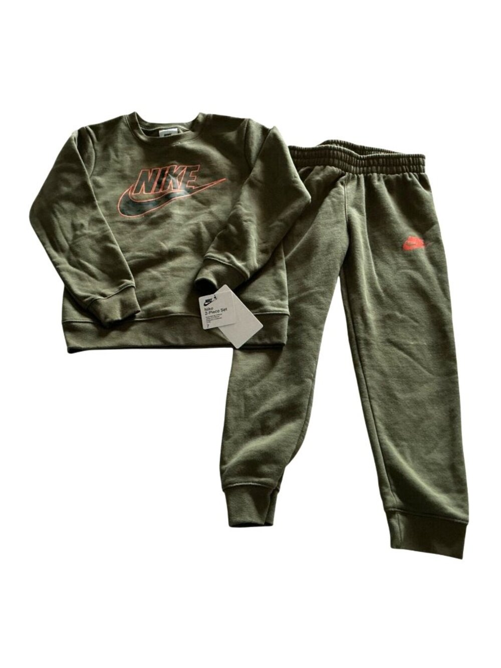 Nike Kids 7 Olive Green Camouflage Logo Crewneck Sweatshirt and Joggers Set